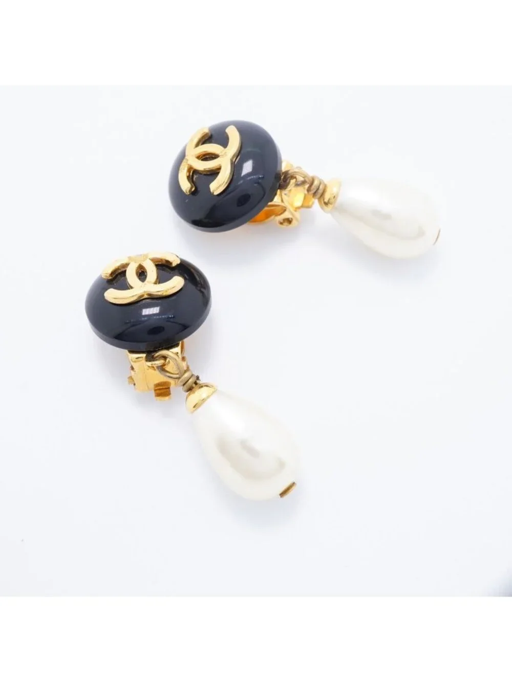 Chanel Earrings Vintage CC Logo Gold Plated Faux Pearl Black